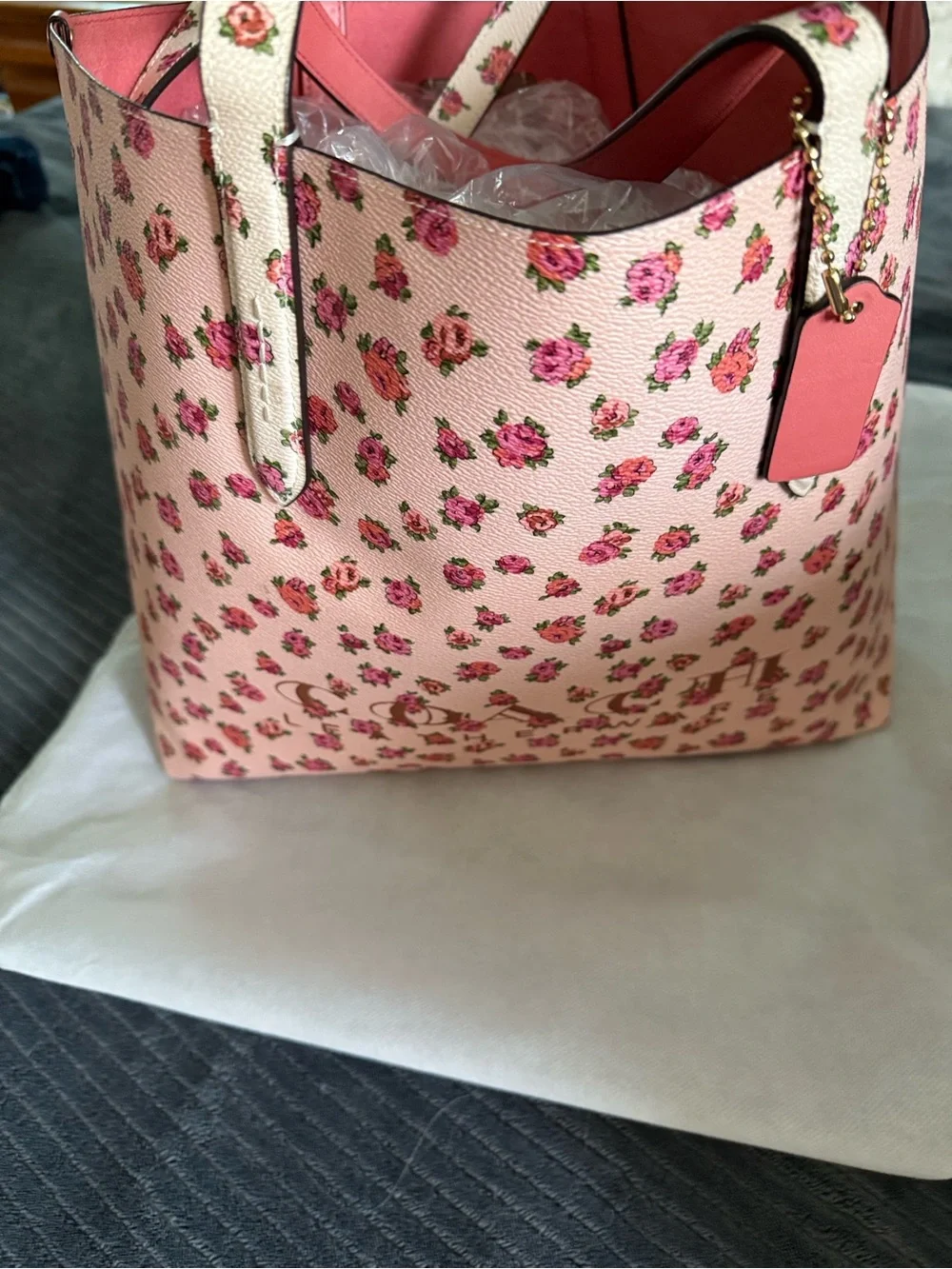 Coach Leatherware Pink Floral Large Tote with Gold Logo